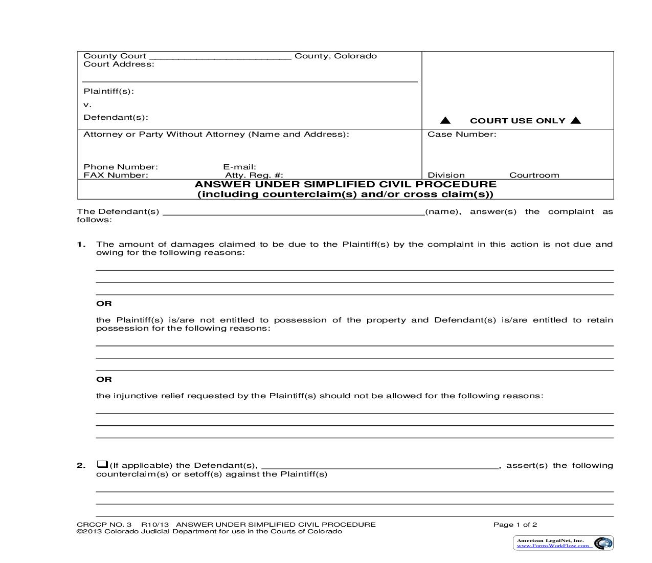 Answer Under Simplified Civil Procedure Including Counter Claim(s) And Or Cross Claim(s) {CRCCP 3} |  | Colorado