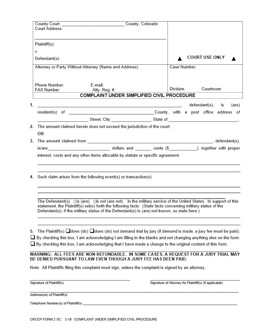 Complaint Under Simplified Civil Procedure {2 SC} | Pdf Fpdf Docx | Colorado