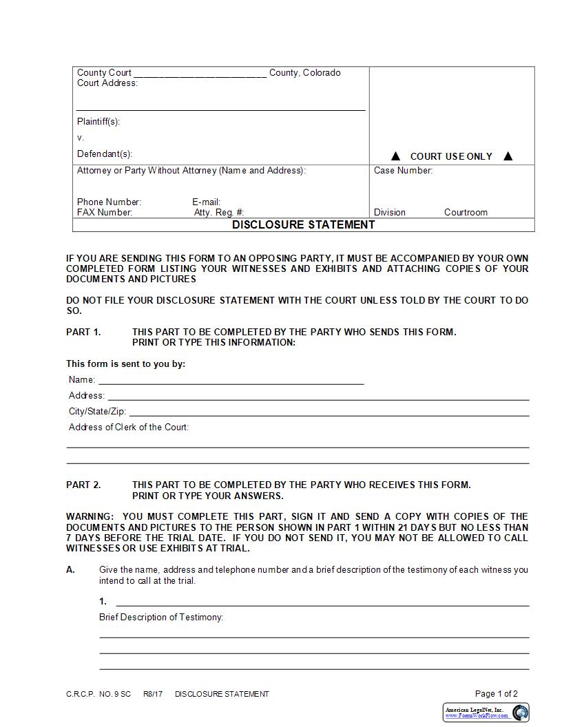 Disclosure Statement {9 SC} | Pdf Fpdf Docx | Colorado