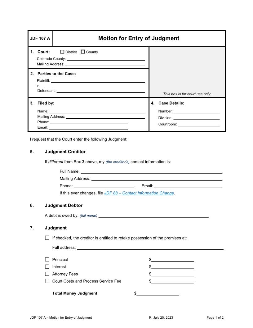 Motion For Entry Of Judgment {JDF 107 A} | Pdf Fpdf Docx | Colorado