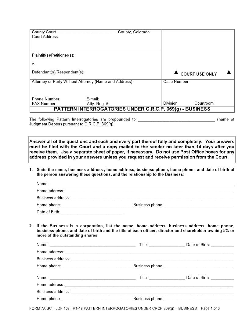 Pattern Interrogatories Business {JDF 108} | Pdf Fpdf Docx | Colorado