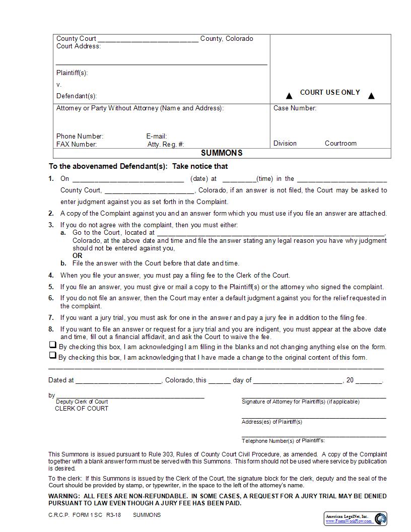 Summons {1 SC} | Pdf Fpdf Docx | Colorado