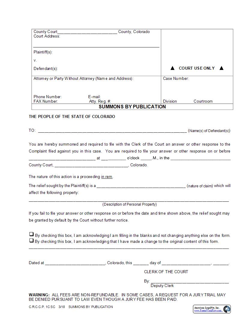 Summons By Publication {1C SC} | Pdf Fpdf Docx | Colorado