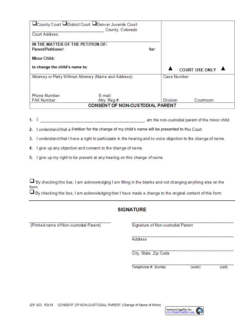 Consent Of Non Custodial Parent {JDF 423} | Pdf Fpdf Docx | Colorado