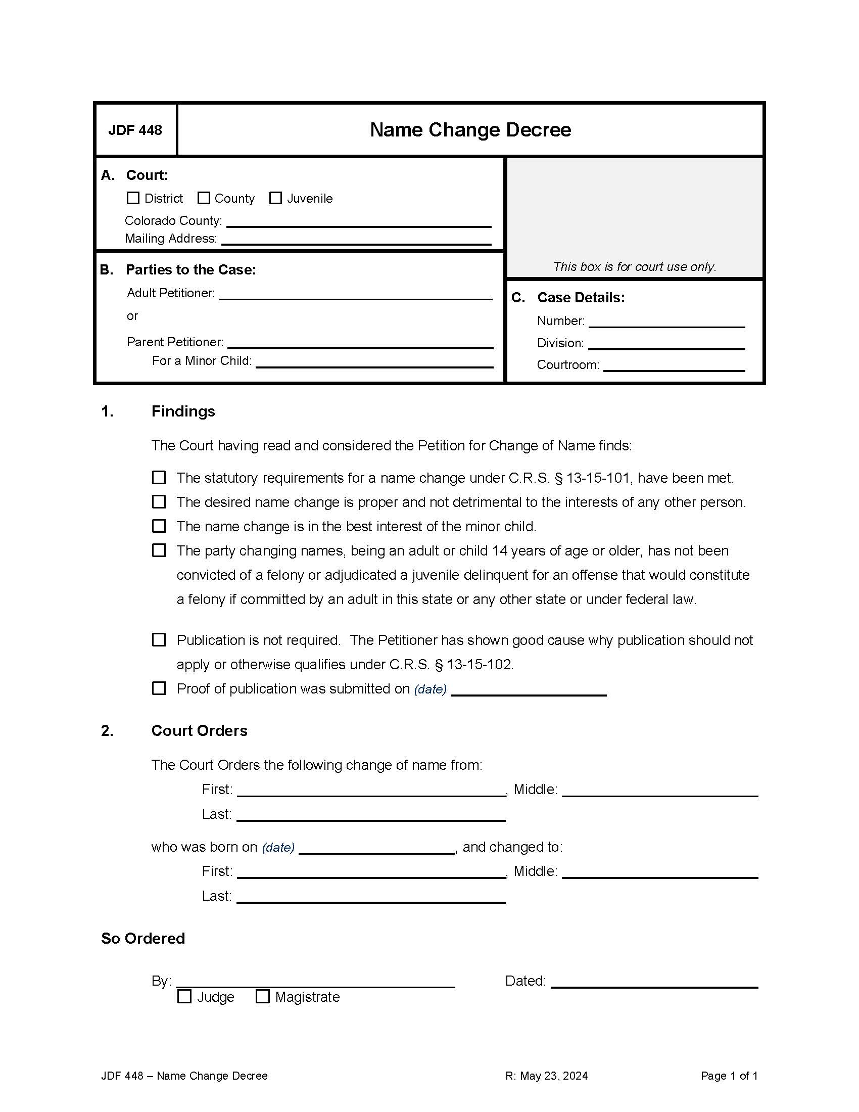 Final Decree For Change Of Name {JDF 448} | Pdf Fpdf Doc Docx | Colorado