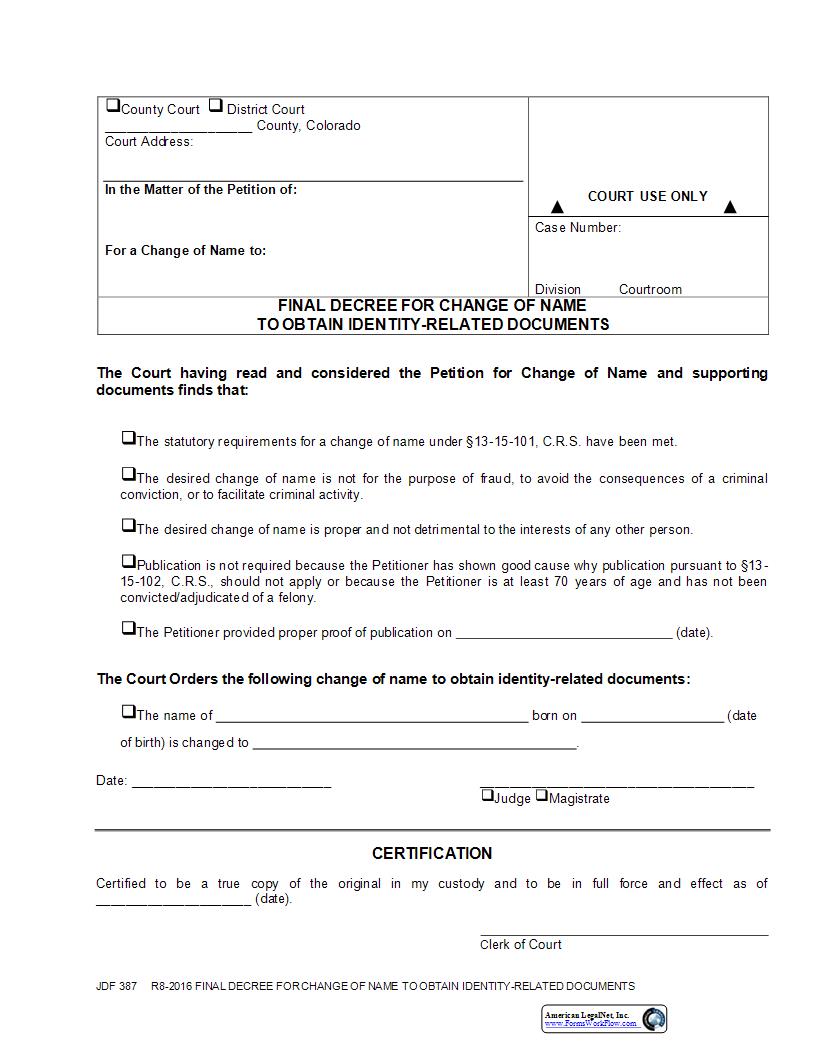 Final Decree For Name Change For Identity Related Documents {JDF 387} | Pdf Fpdf Docx | Colorado