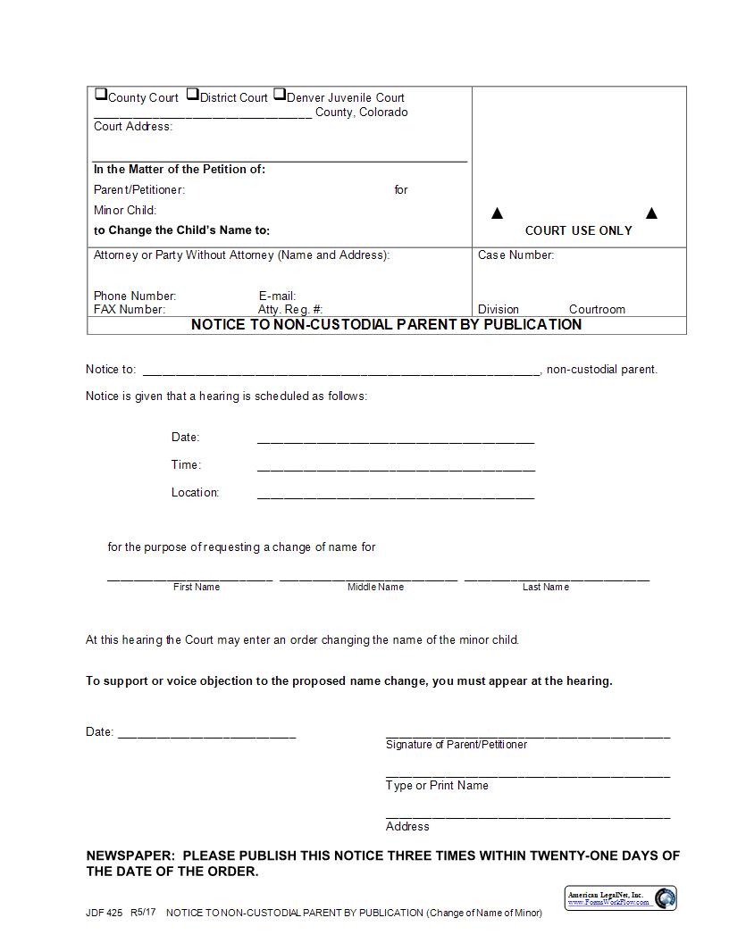 Notice To Non Custodial Parent By Publication {JDF 425} | Pdf Fpdf Docx | Colorado