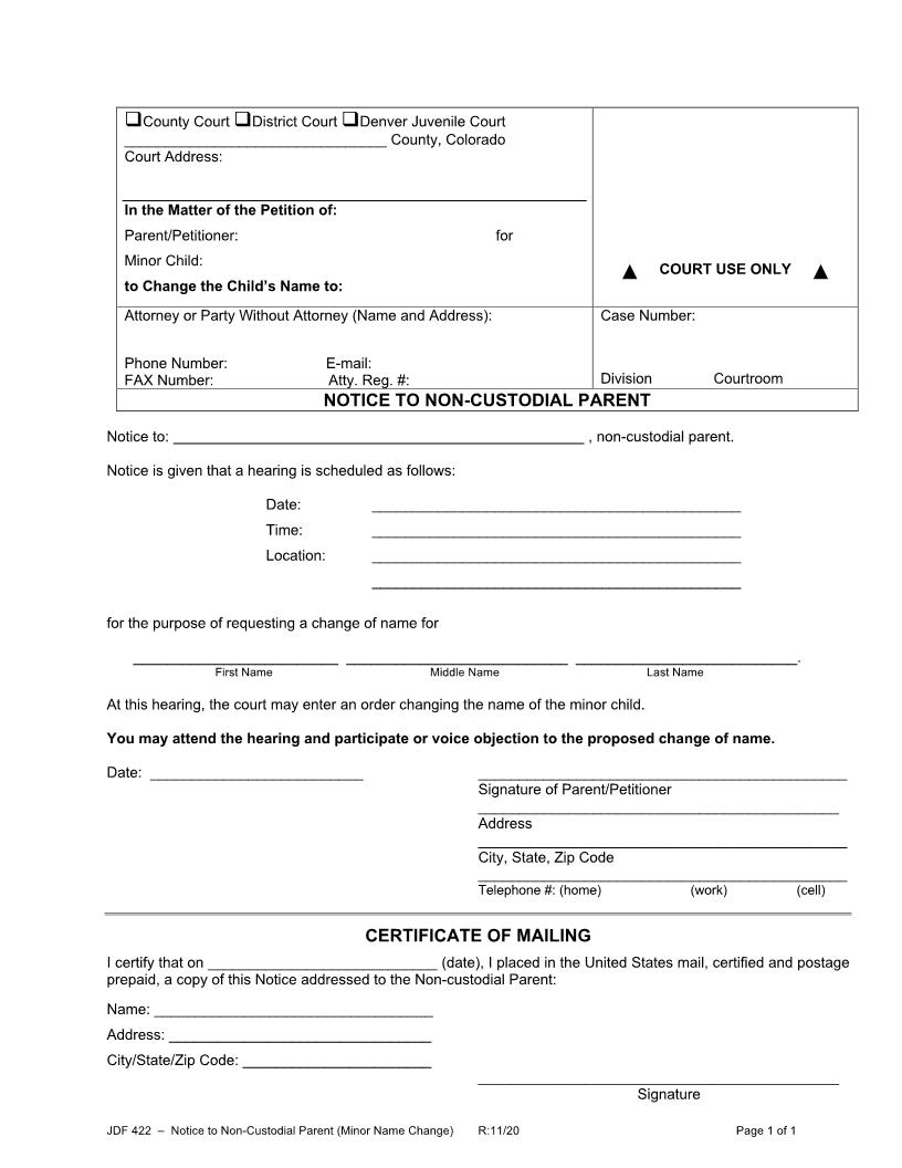 Notice To Non-Custodial Parent (Change Of Name Of Minor) {JDF 422} | Pdf Fpdf Doc Docx | Colorado