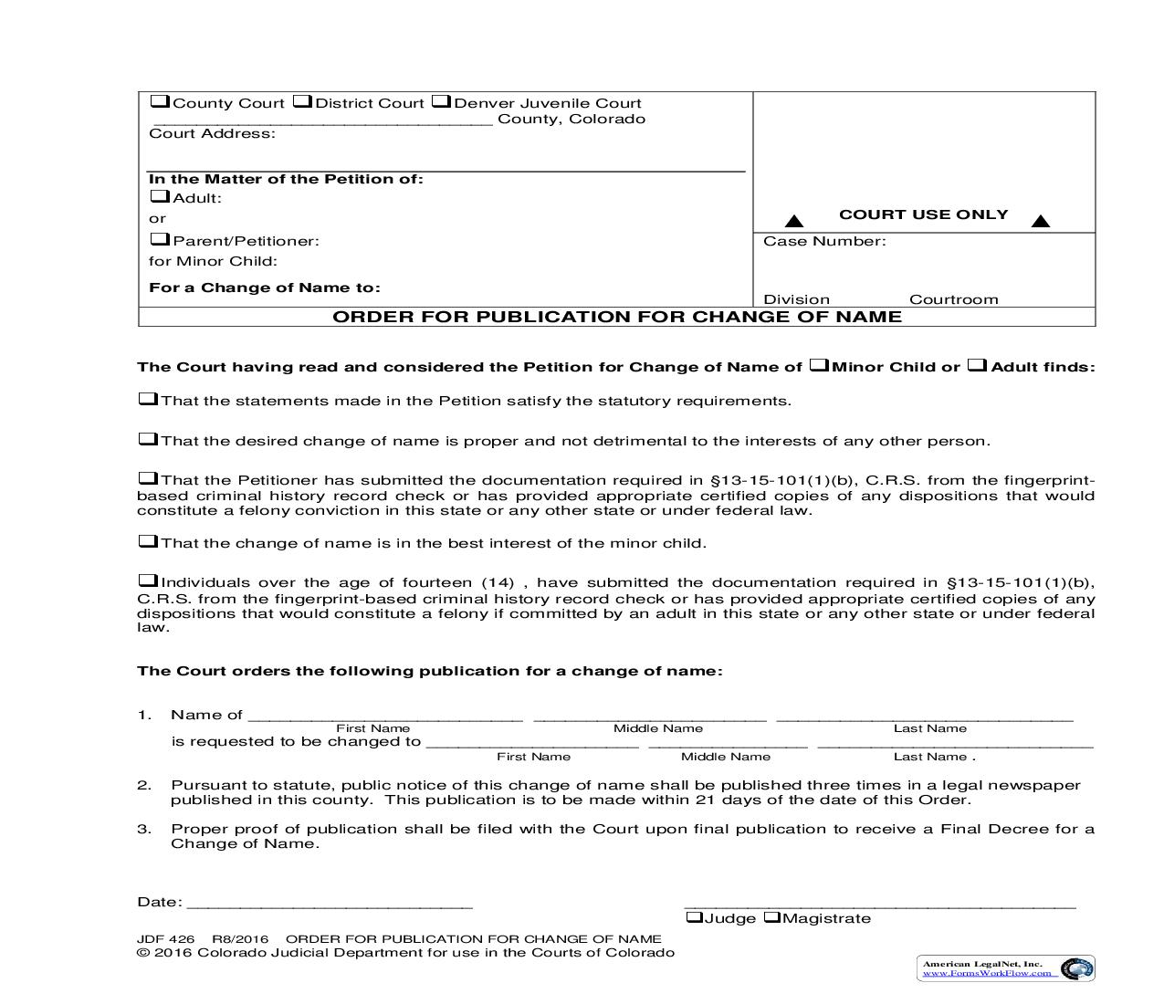 Order For Publication For Change Of Name {JDF 426} | Pdf Fpdf Doc Docx | Colorado