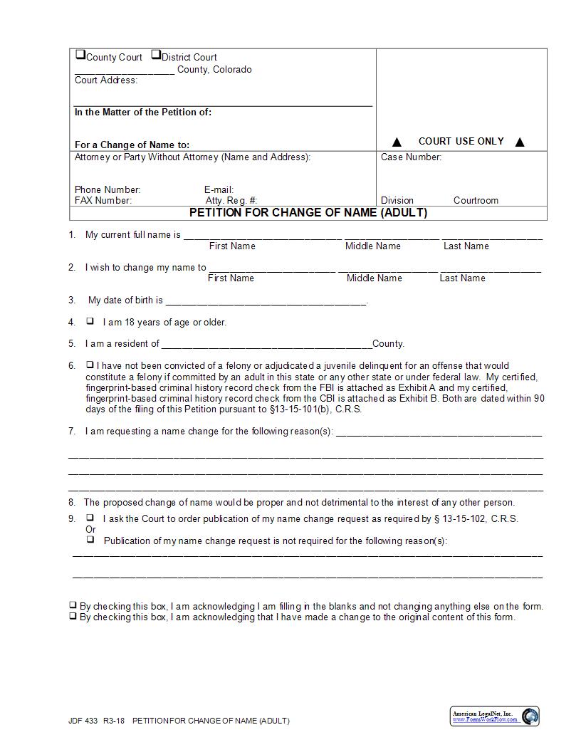 Petition For Change Of Name Adult {JDF 433} | Pdf Fpdf Docx | Colorado