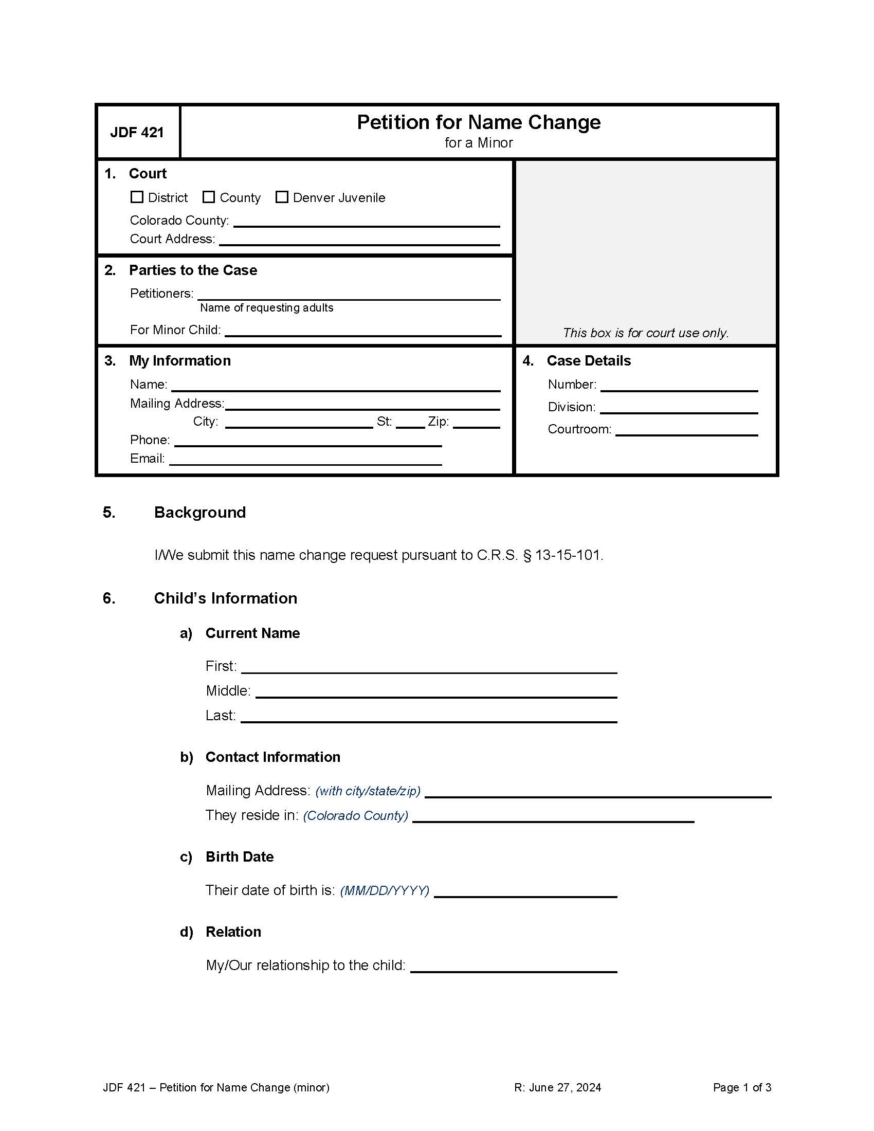 Petition For Change Of Name Minor Child {JDF 421} | Pdf Fpdf Docx | Colorado