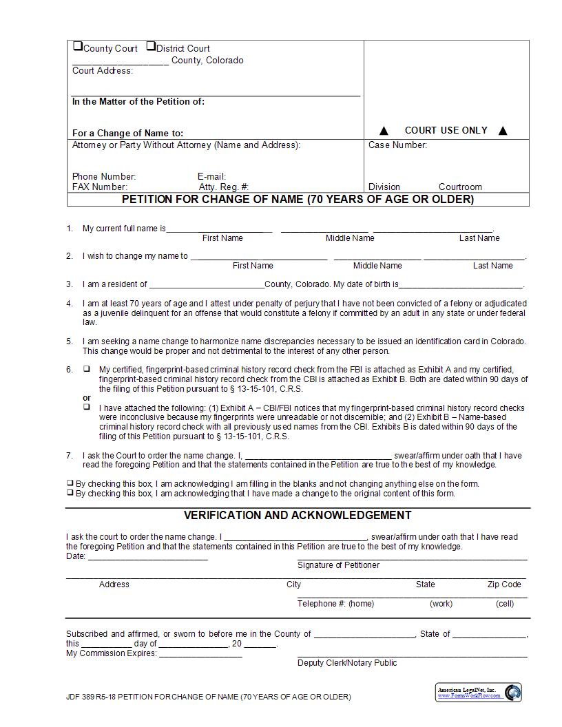 Petition for Name Change - 70 or older {JDF 389} | Pdf Fpdf Docx | Colorado