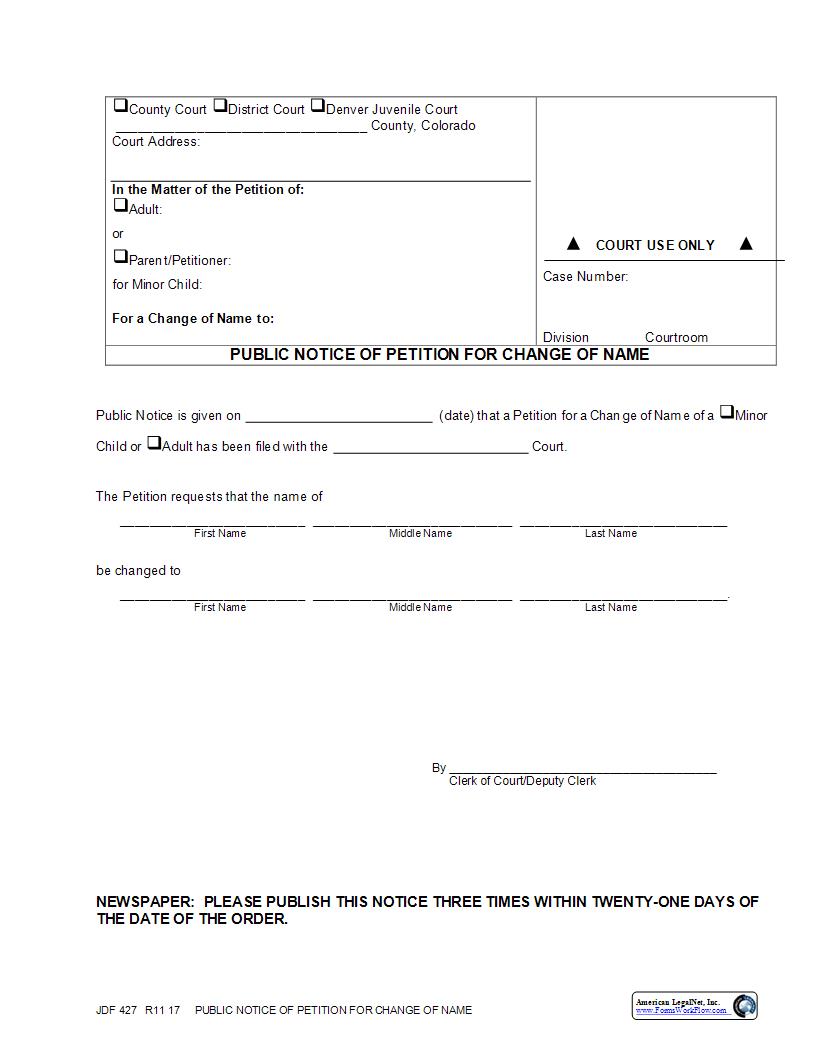 Public Notice Of Petition For Change Of Name {JDF 427} | Pdf Fpdf Docx | Colorado