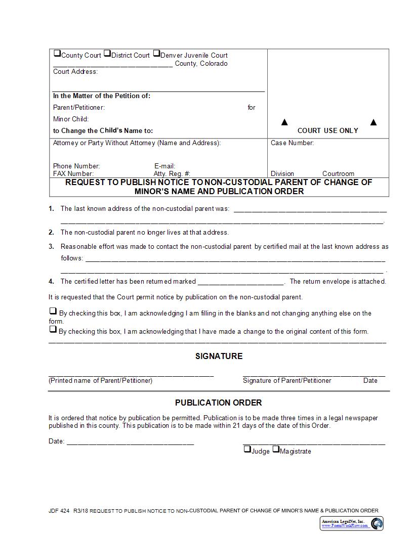 Request To Publish Notice To Non Custodial Parent Of Minors Name Change  {JDF 424} | Pdf Fpdf Docx | Colorado