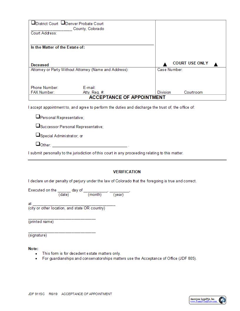 Acceptance Of Appointment {JDF 911SC} | Pdf Fpdf Docx | Colorado