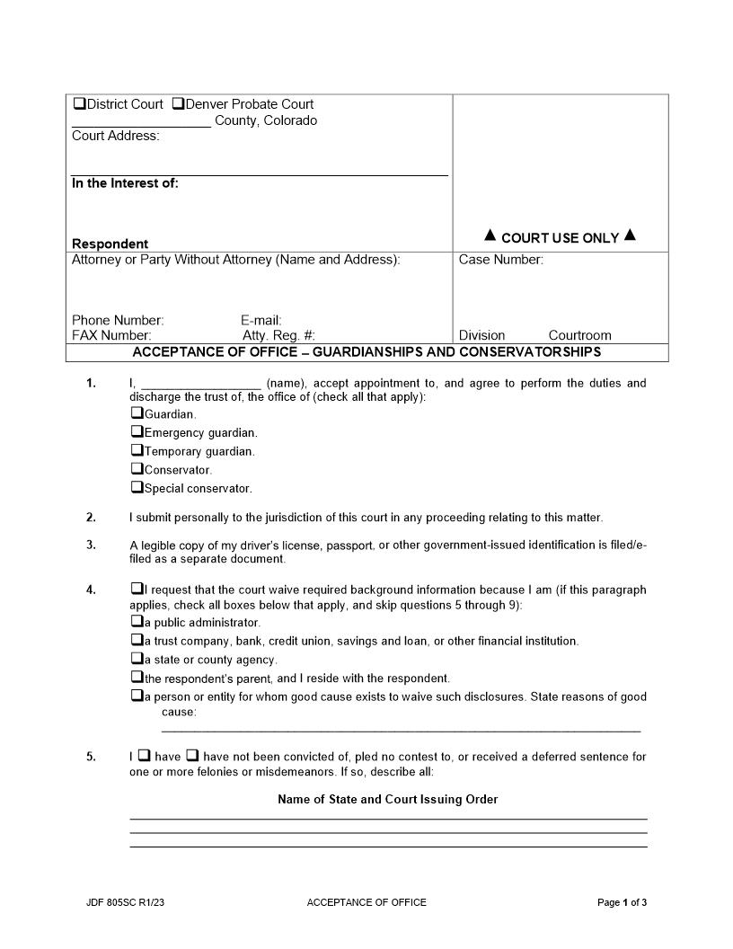 Acceptance Of Office Guardianships And Conservatorships {JDF 805SC} | Pdf Fpdf Docx | Colorado