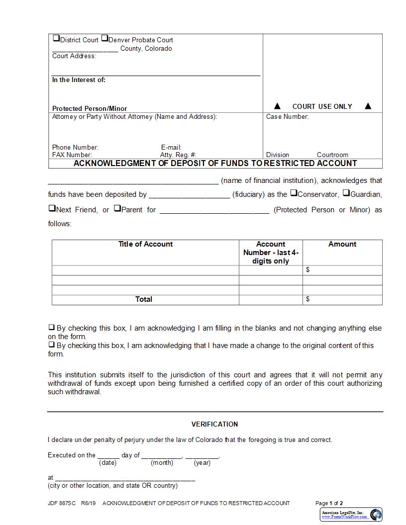 Acknowledgment Of Deposit Of Funds To Restricted Account {JDF 867SC} | Pdf Fpdf Docx | Colorado
