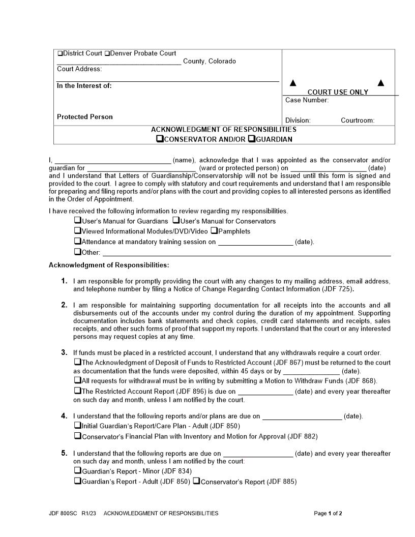 Acknowledgment Of Responsibilities {JDF 800SC} | Pdf Fpdf Docx | Colorado