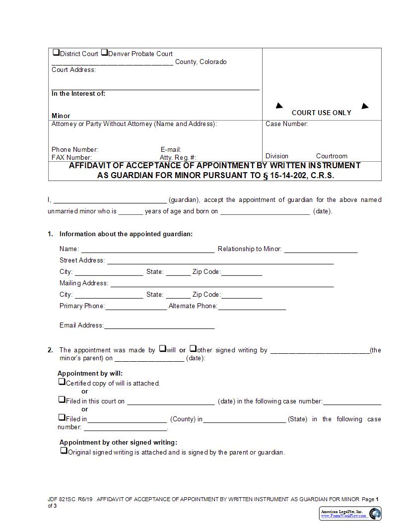 Affidavit Of Acceptance Of Appointment As Guardian For Minor {JDF 821SC} | Pdf Fpdf Docx | Colorado