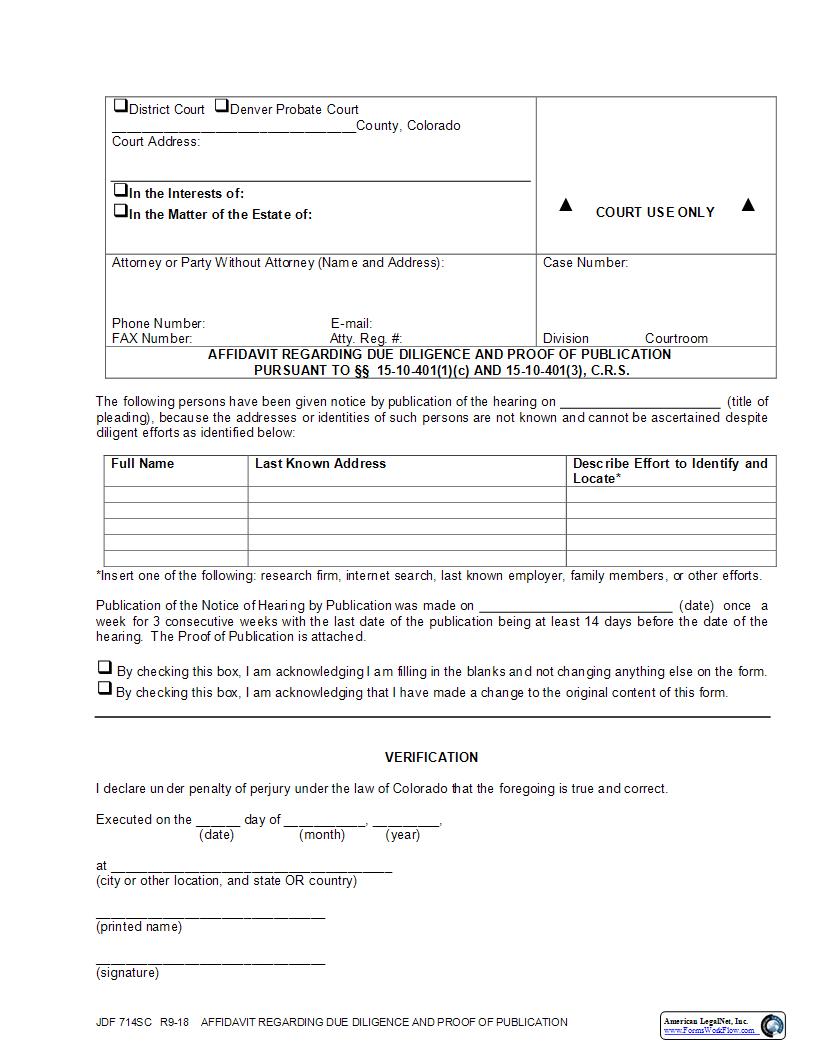Affidavit Regarding Due Diligence And Proof Of Publication {JDF 714SC} | Pdf Fpdf Docx | Colorado
