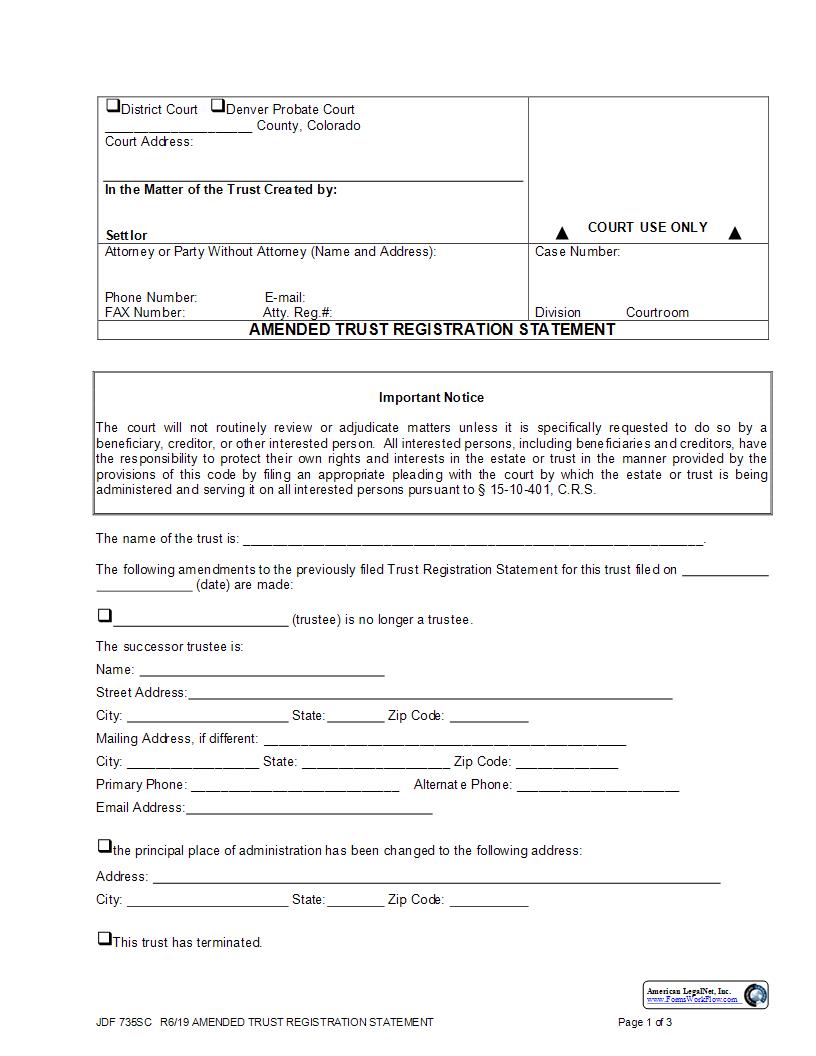 Amended Trust Registration Statement {JDF 735SC} | Pdf Fpdf Docx | Colorado