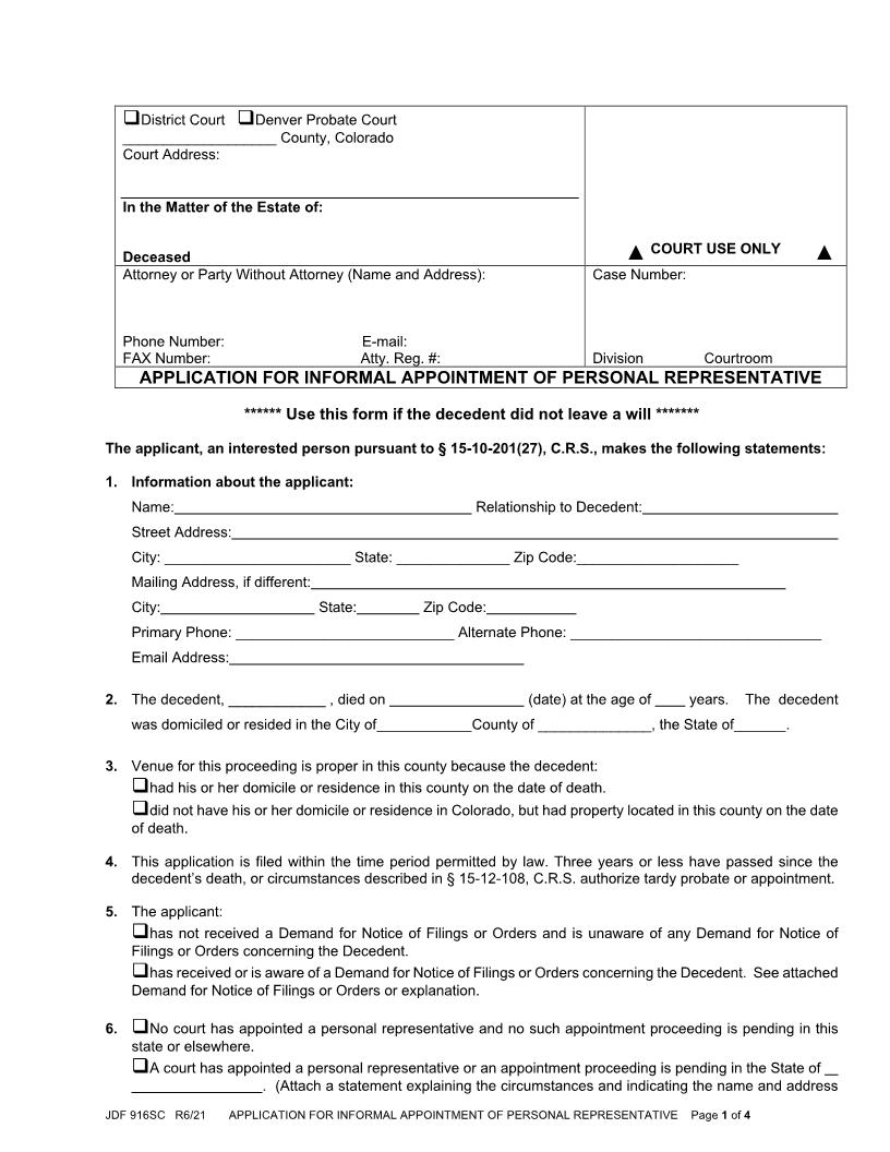 Application For Informal Appointment Of Personal Representative {JDF 916SC} | Pdf Fpdf Docx | Colorado