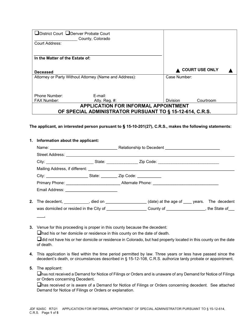 Application For Informal Appointment Of Special Administrator {JDF 924SC} | Pdf Fpdf Docx | Colorado
