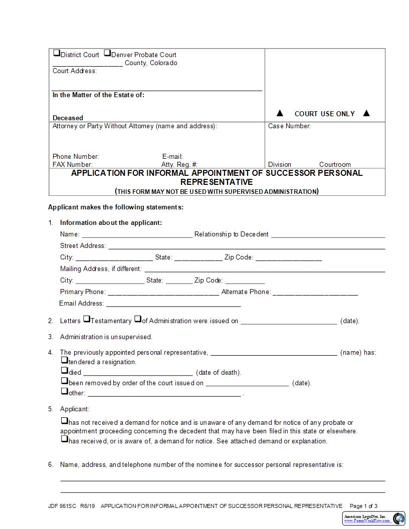 Application For Informal Appointment Of Successor Personal Representative {JDF 951SC} | Pdf Fpdf Docx | Colorado