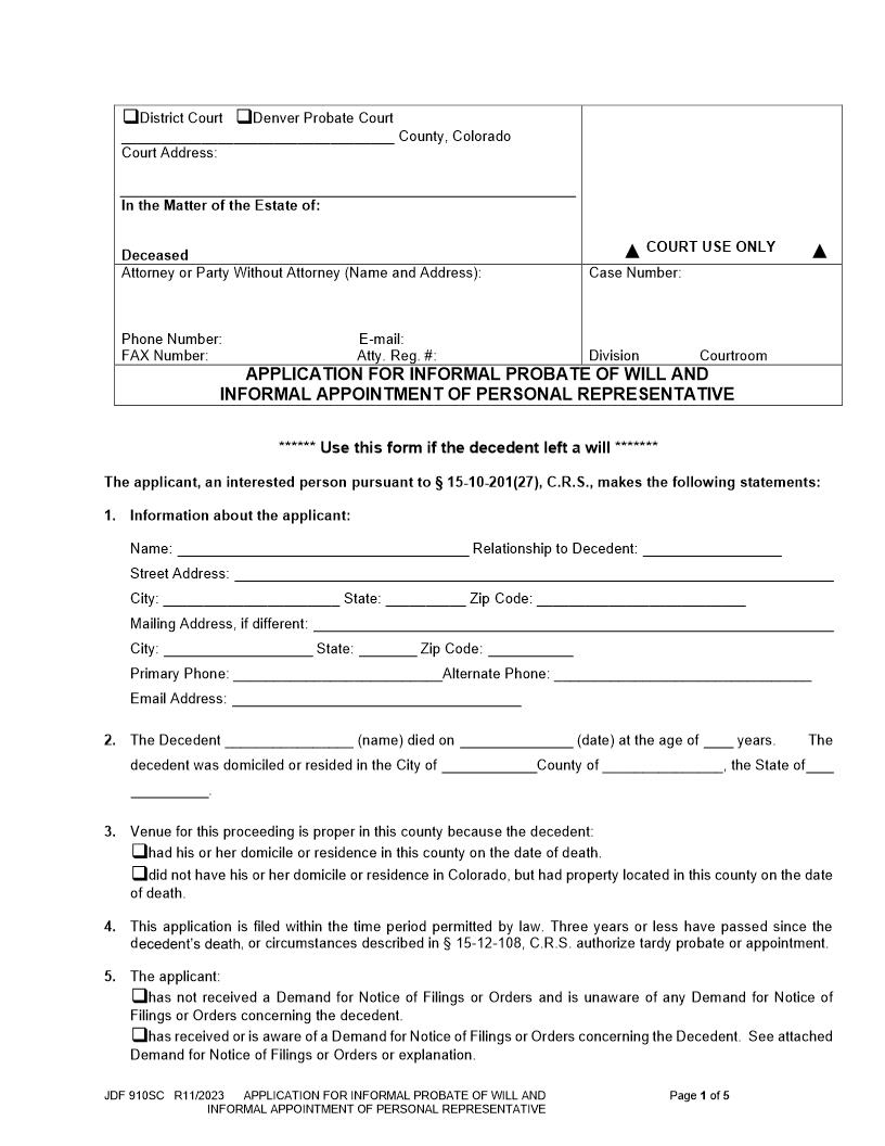 Application For Informal Probate Of Will {JDF 910SC} | Pdf Fpdf Docx | Colorado