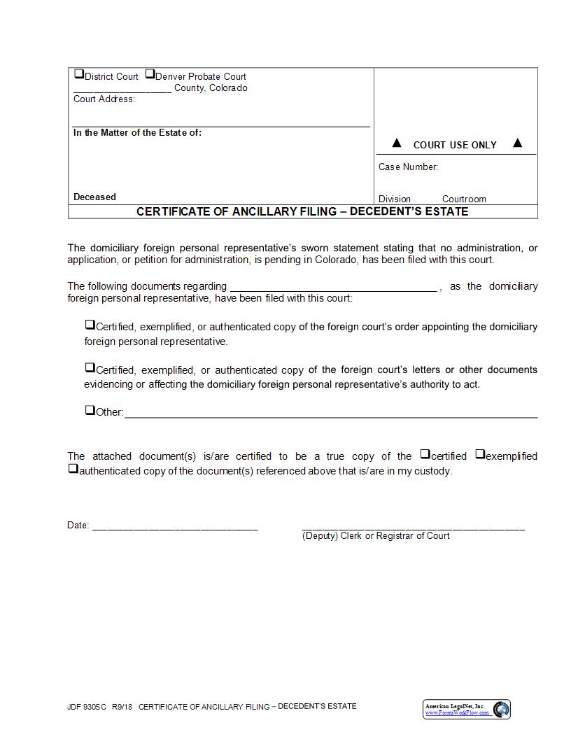 Certificate Of Ancillary Filing {JDF 930SC} | Pdf Fpdf Docx | Colorado