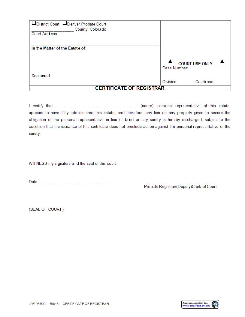Certificate Of Registrar {JDF 968SC} | Pdf Fpdf Docx | Colorado