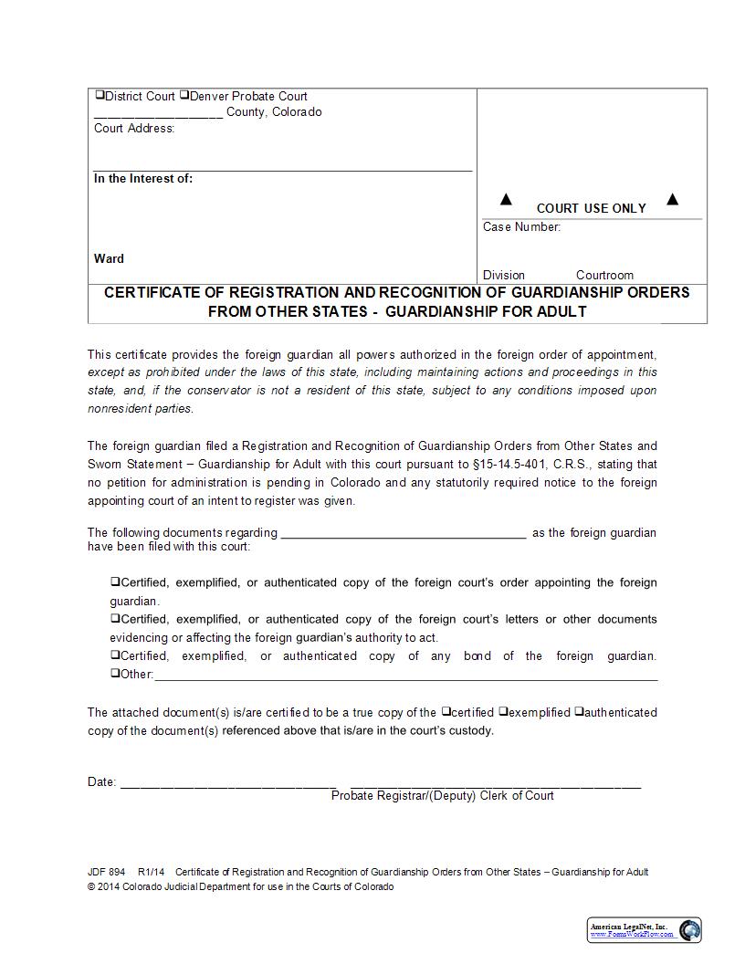 Certificate Of Registration And Recognition Of Guardianship Orders From Other States {JDF 894} | Pdf Fpdf Docx | Colorado
