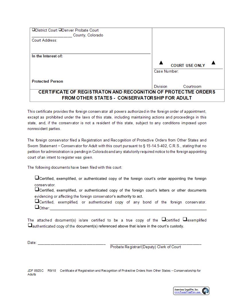 Certificate Of Registration Of Protective Orders From Other States {JDF 892SC} | Pdf Fpdf Docx | Colorado