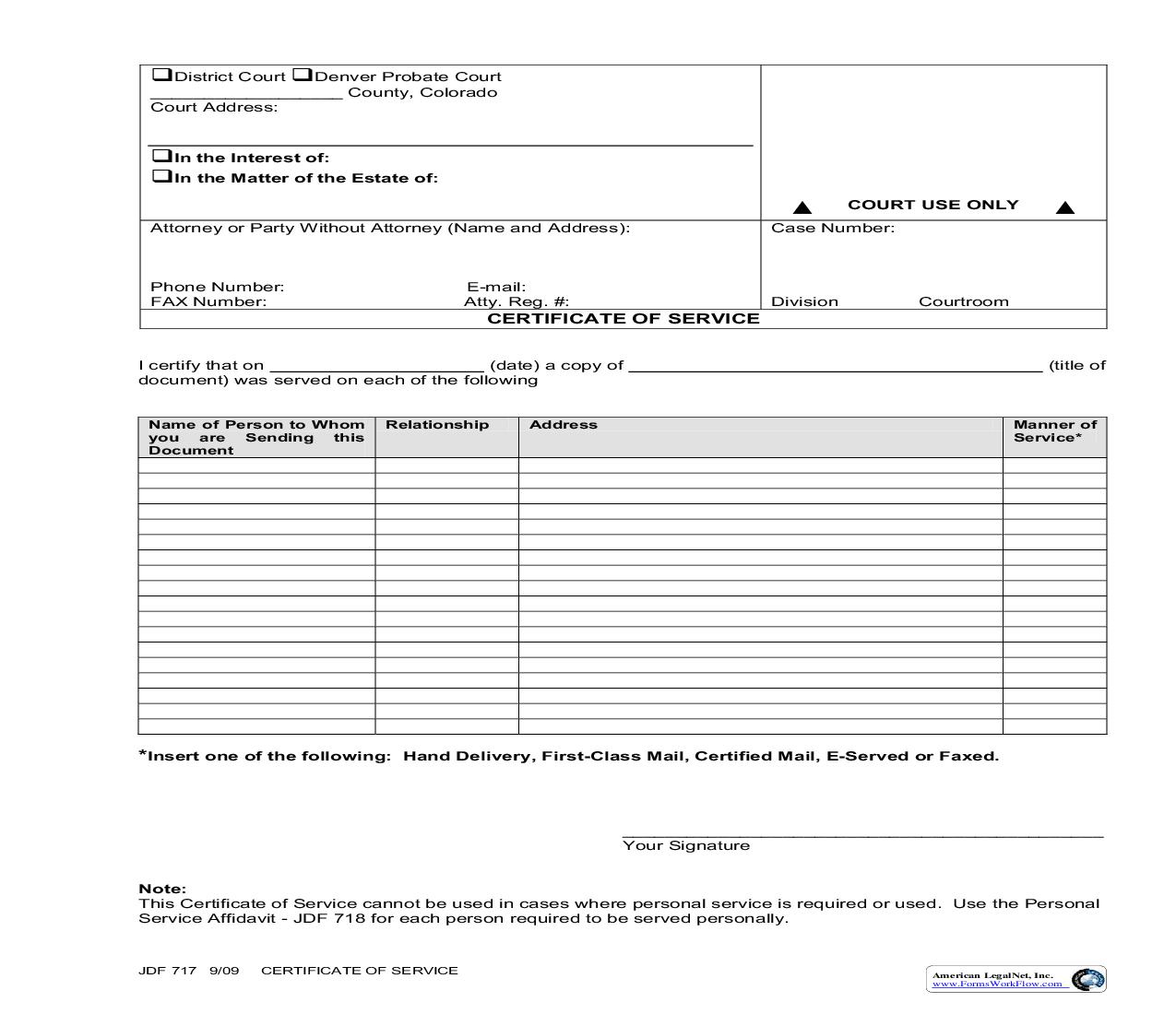 Certificate Of Service {JDF 717} | Pdf Fpdf Doc Docx | Colorado