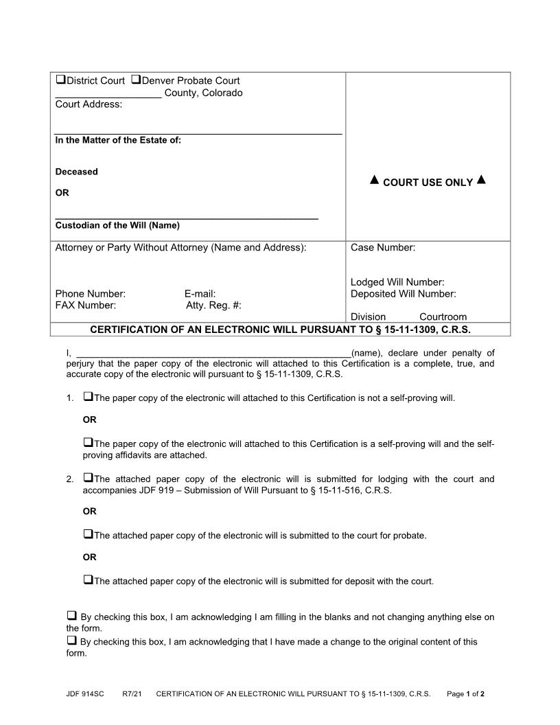 Certification Of An Electronic Will {JDF 914} | Pdf Fpdf Docx | Colorado