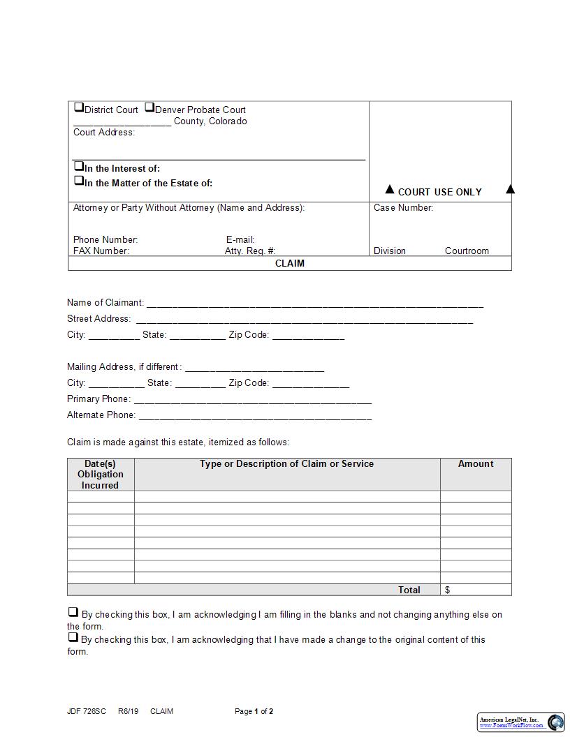 Claim {JDF 726SC} | Pdf Fpdf Docx | Colorado
