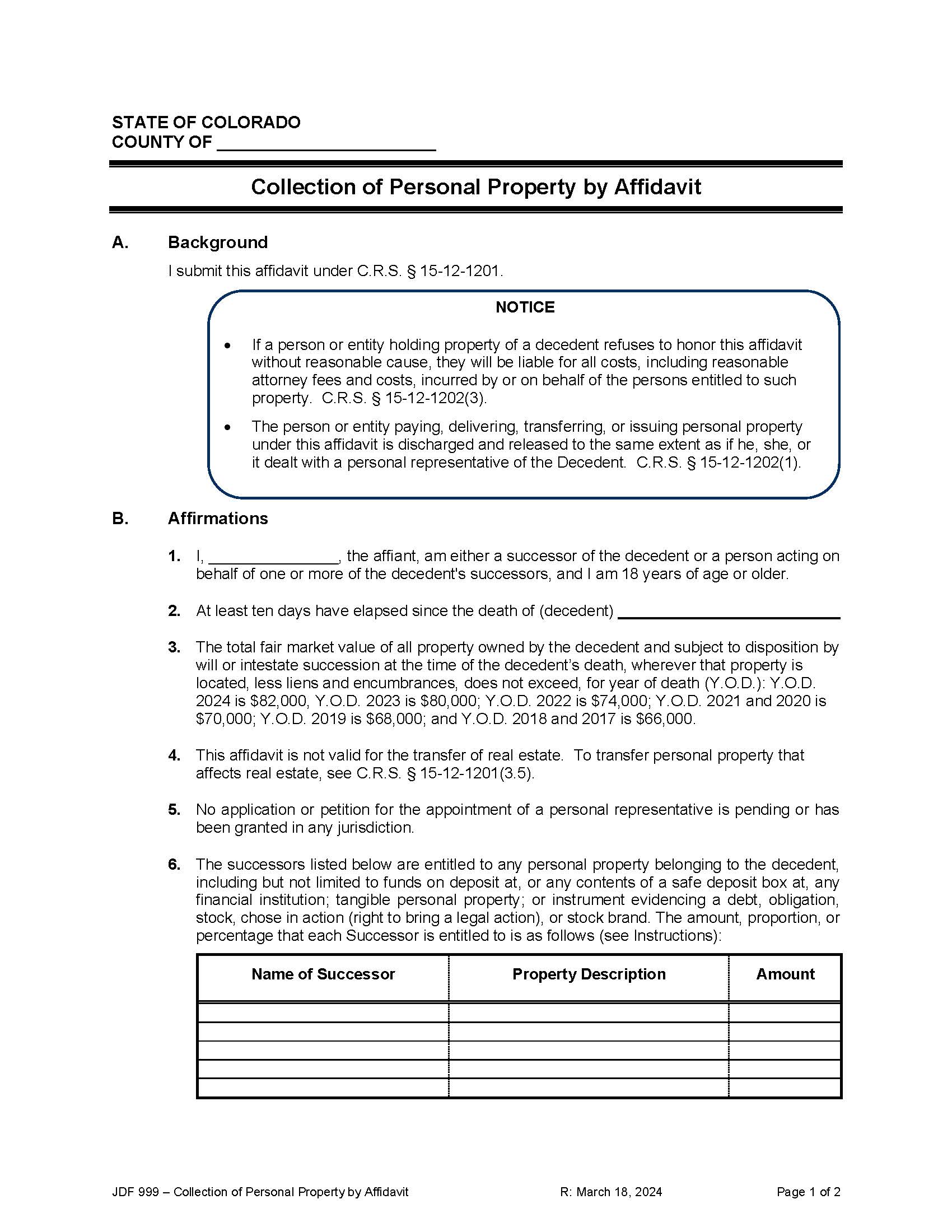Collection Of Personal Property By Affidavit {JDF 999} | Pdf Fpdf Docx | Colorado