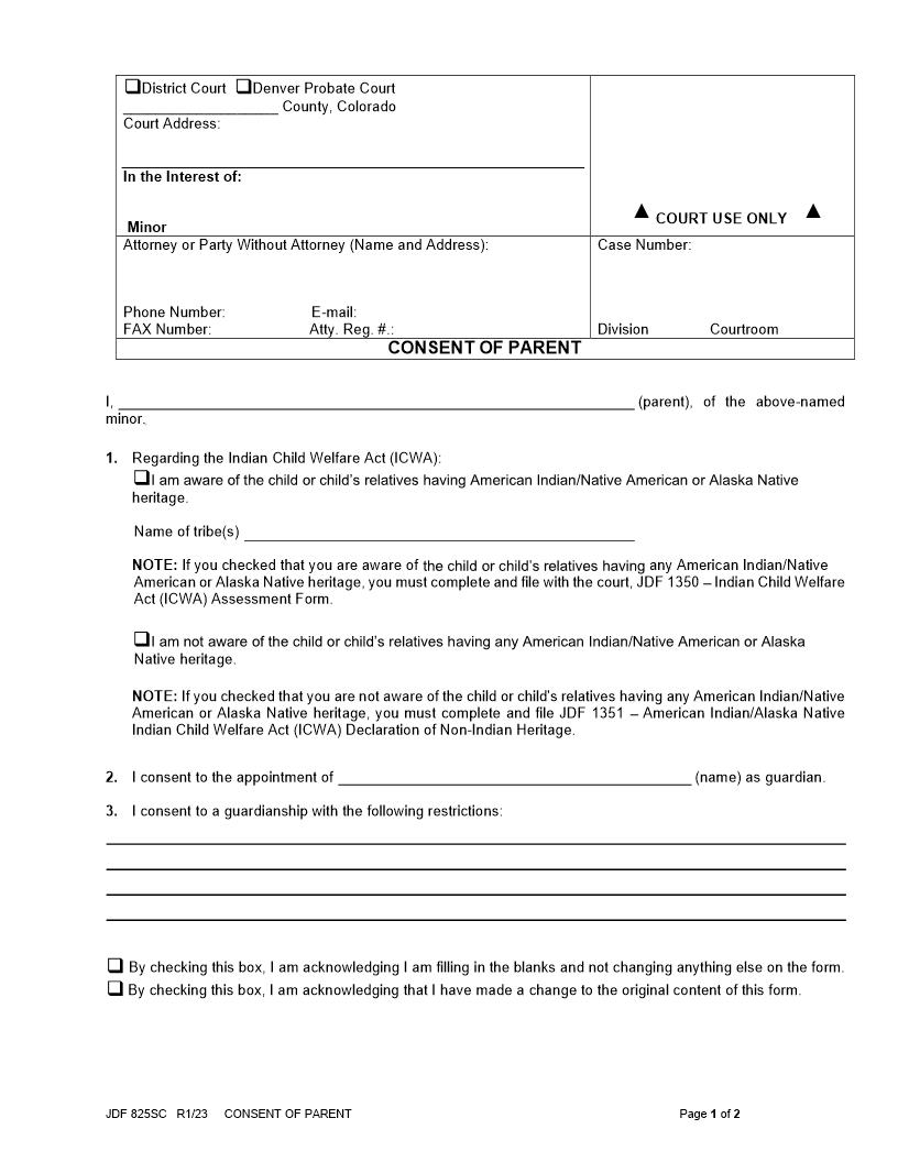 Consent Of Parent {JDF 825SC} | Pdf Fpdf Docx | Colorado