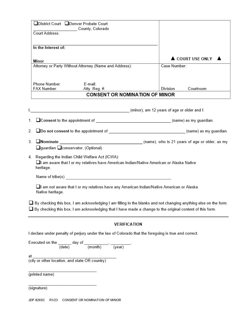 Consent Or Nomination Of Minor {JDF 826SC} | Pdf Fpdf Docx | Colorado