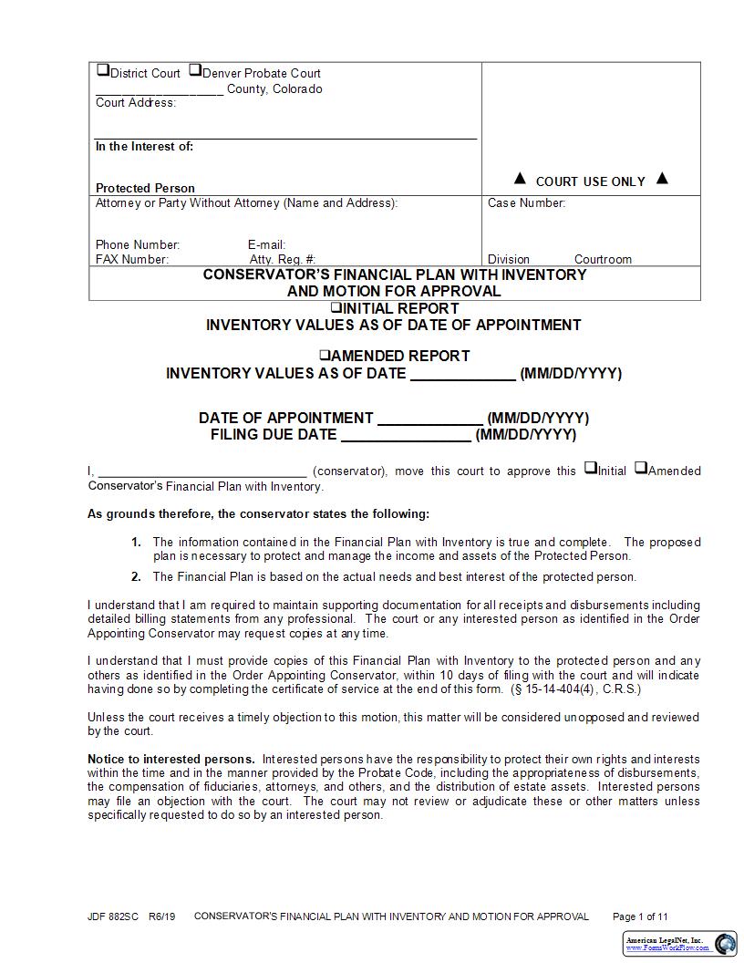 Conservators Financial Plan With Inventory And Motion For Approval {JDF 882SC} | Pdf Fpdf Docx | Colorado
