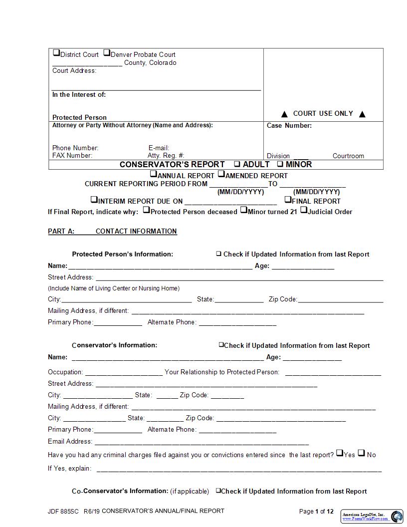 Conservators Interim Or Final Report {JDF 885SC} | Pdf Fpdf Docx | Colorado