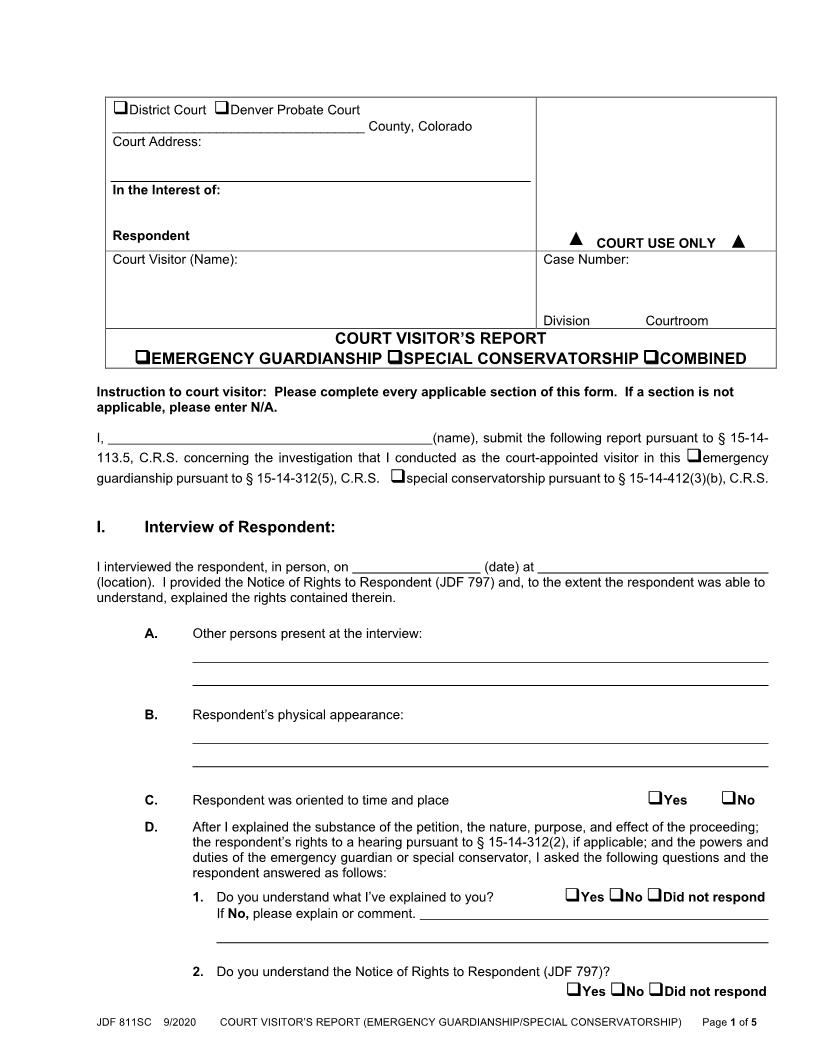 Court Visitors Report {JDF811SC} | Pdf Fpdf Docx | Colorado