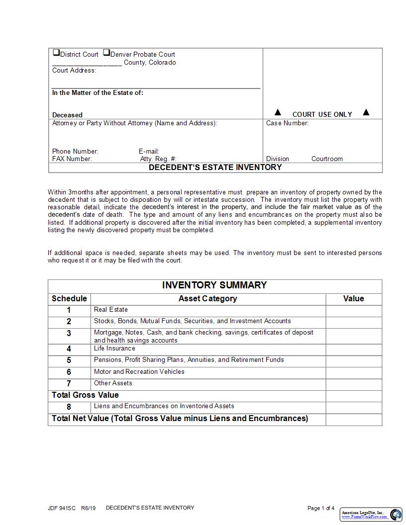 Decedents Estate Inventory {JDF 941SC} | Pdf Fpdf Docx | Colorado