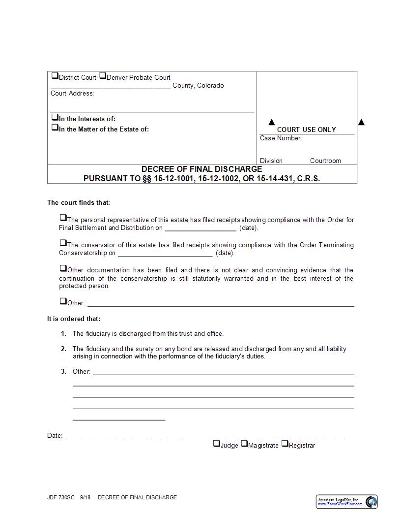Decree Of Final Discharge {JDF 730SC} | Pdf Fpdf Docx | Colorado