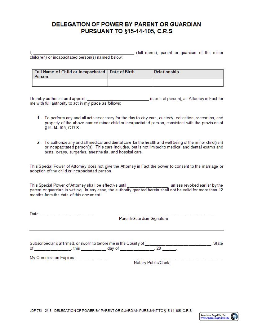 Delegation Of Power By Parent Or Guardian {JDF 751} | Pdf Fpdf Docx | Colorado