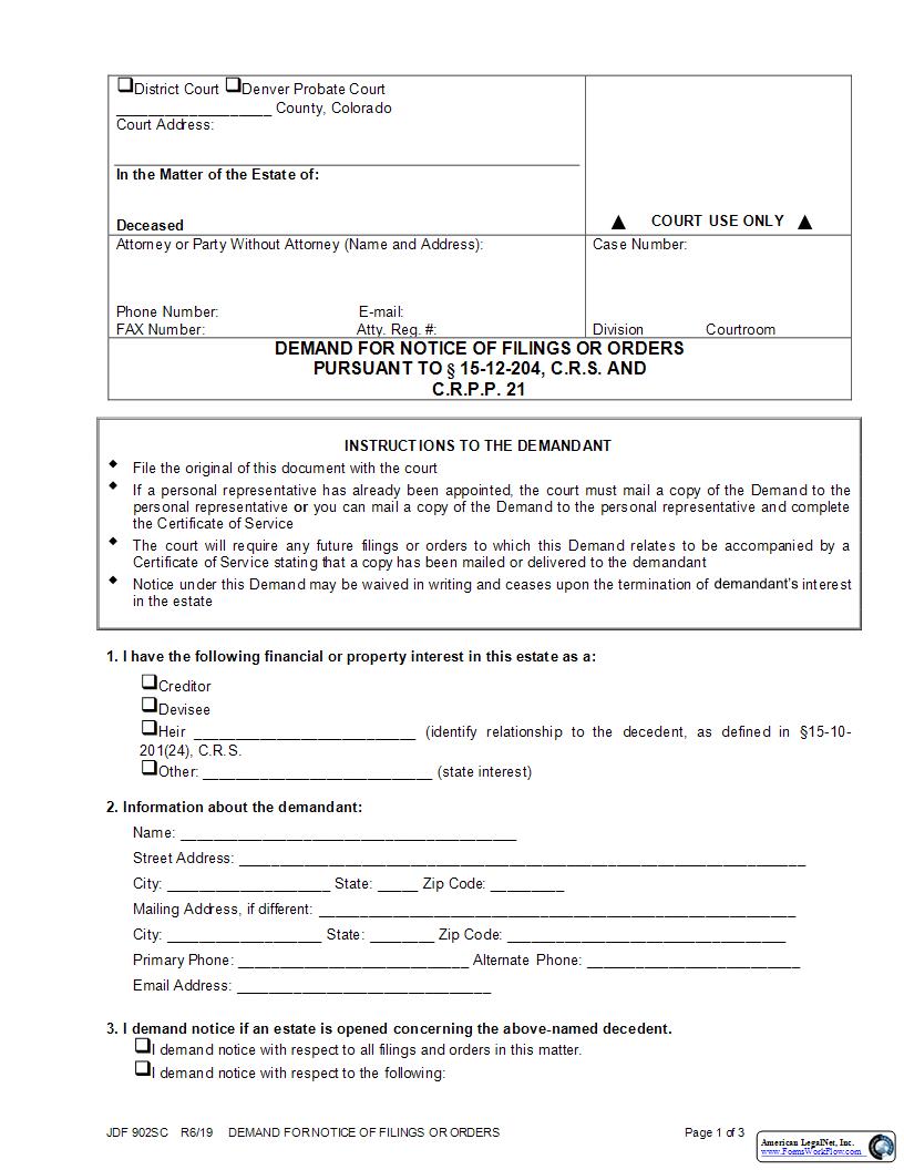 Demand For Notice Of Filings Or Orders {JDF 902SC} | Pdf Fpdf Docx | Colorado