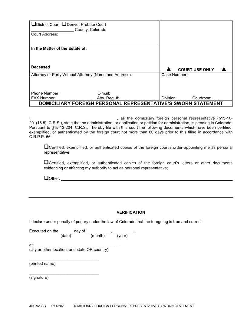 Domiciliary Foreign Personal Representatives Sworn Statement {JDF 929SC} | Pdf Fpdf Docx | Colorado