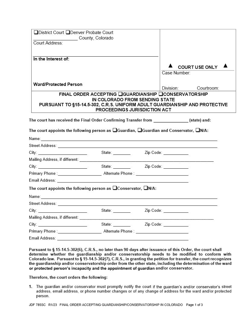 Final Order Accepting Guardianship Conservatorship From Sending State {JDF 785SC} | Pdf Fpdf Docx | Colorado