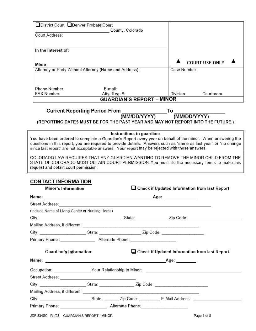 Guardians Report Minor {JDF 834SC} | Pdf Fpdf Docx | Colorado