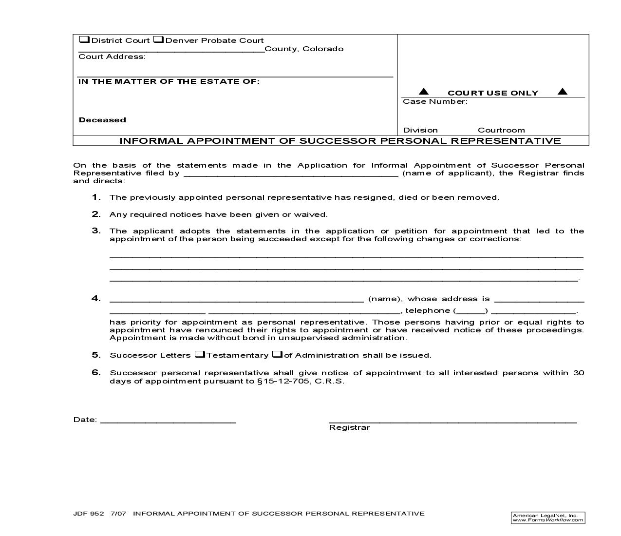 Informal Appointment Of Successor Personal Representative {JDF 952} | Pdf Fpdf Doc Docx | Colorado